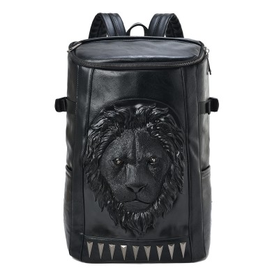 Gothic Backpacks Fashion 3D lion head printed backpacks large capacity mens PU leather bags black rivet animal zipper travel mountaineering bags