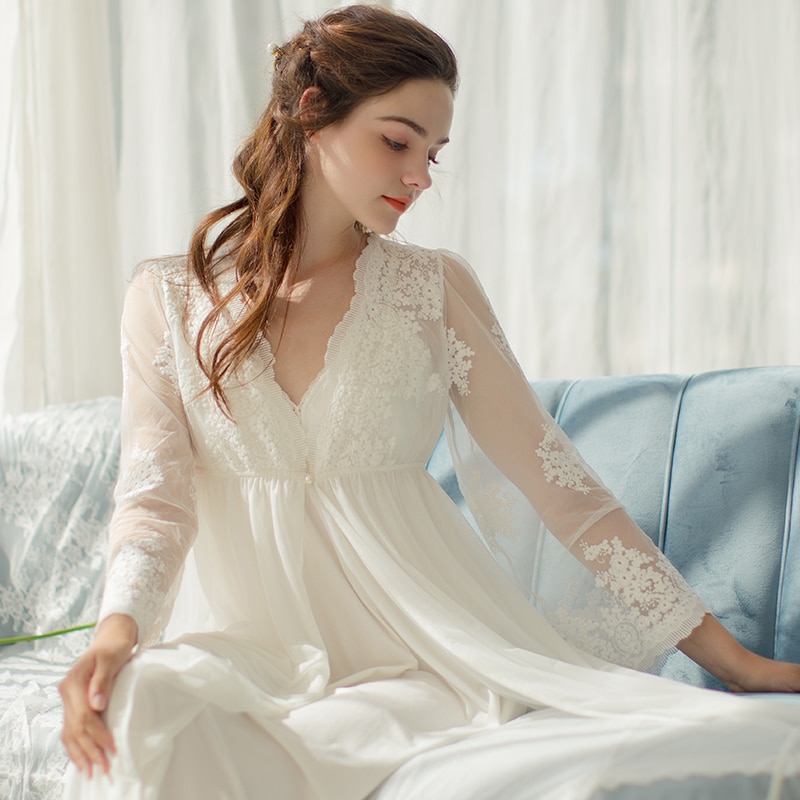 Lace Robe Long Robe Lady White Lace Embroidery Robe and Slip Two Pieces ...