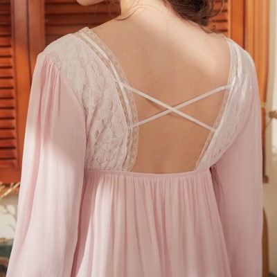 Women Vintage Night Gown Pink Long Dress White Lace Sleepwear Elegant  Homewear Night Dress Long Sleeve Pregnant woman Nightgown
